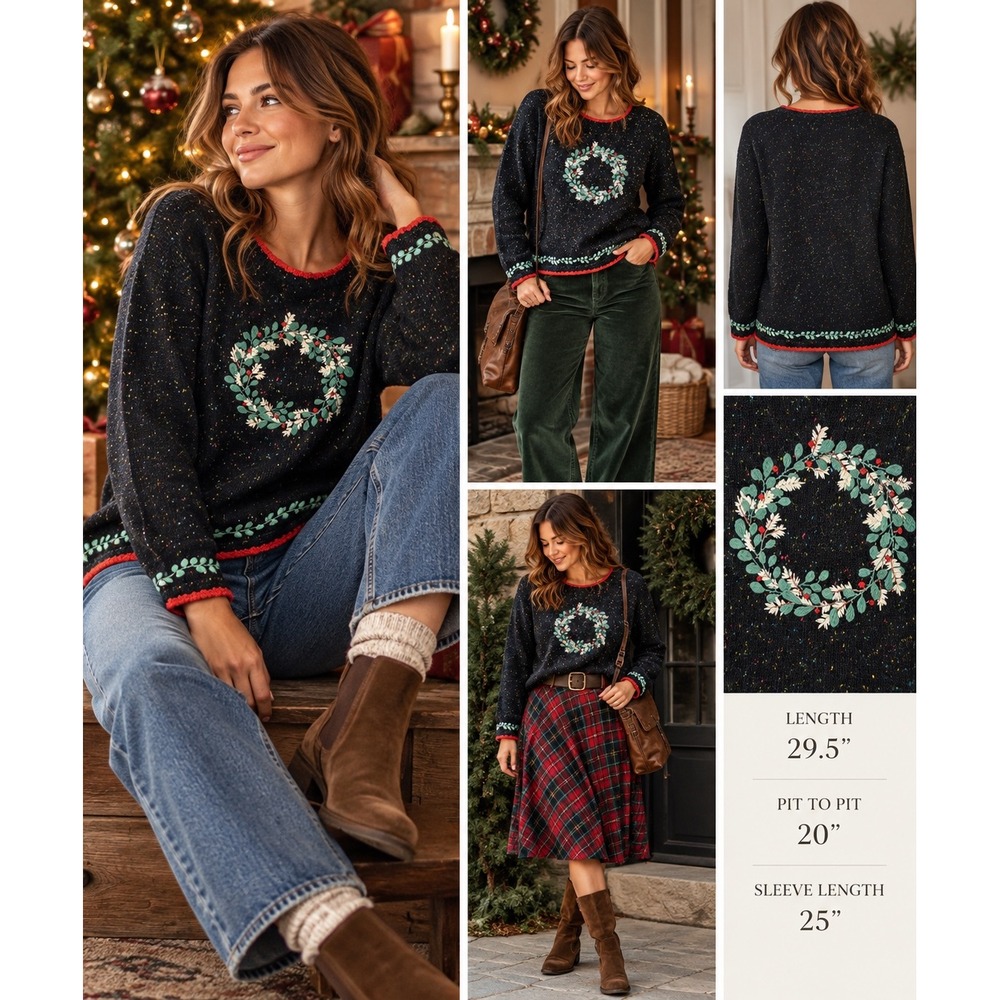 Christmas Wreath Sweater Speckled Knit Embroidered Wool Blend Cottage Holiday
